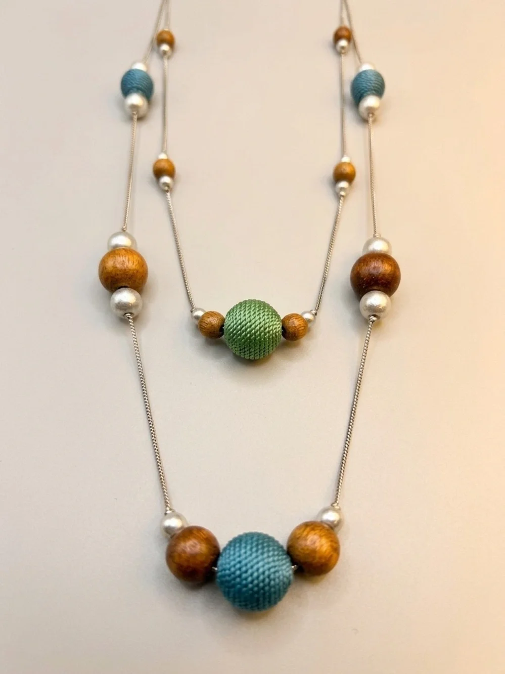 Artisanal Multi-Strand Statement Necklace with Fabric and Wooden Beads
